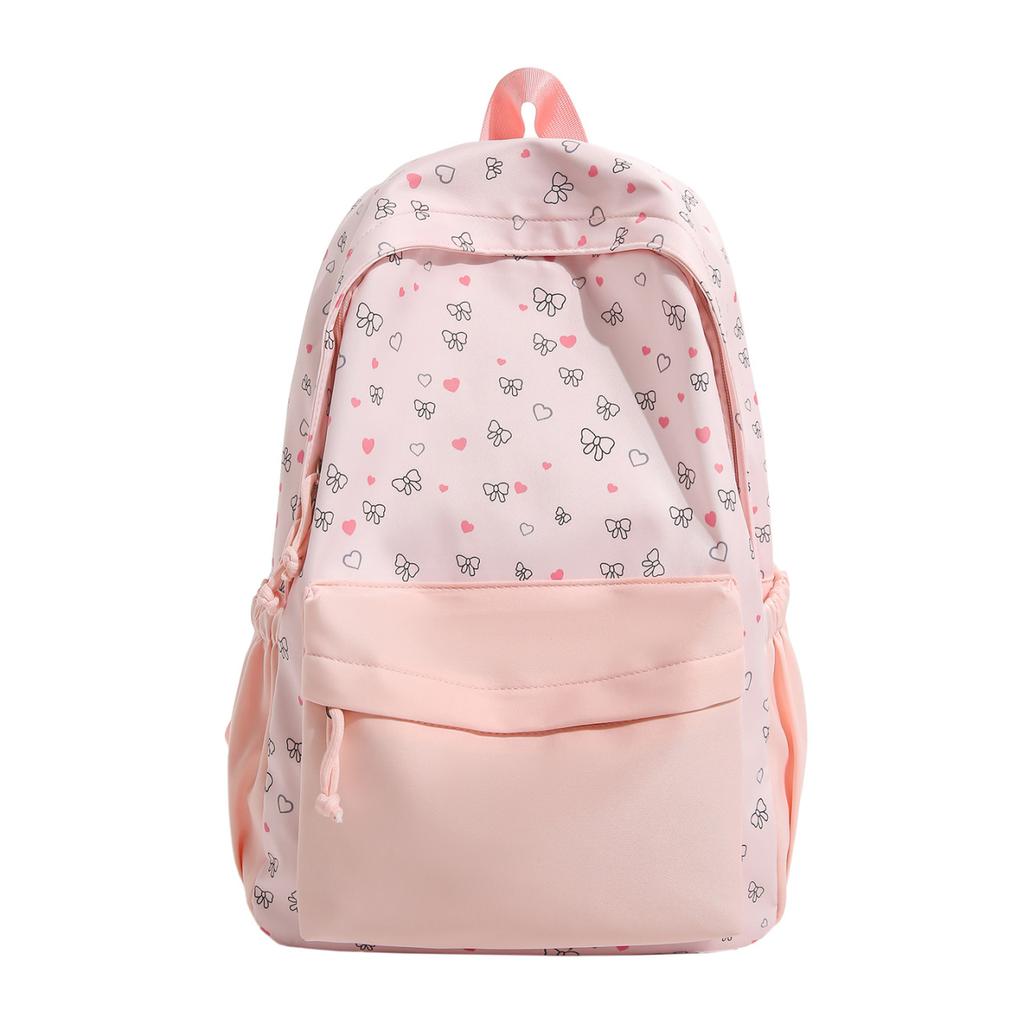 Cute Heart and Bow Print School Backpack with Front Pocket Top Handle Casual Daypack for Girls Students