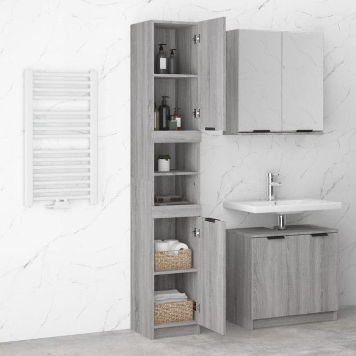 Armoire de Bain - SONOMA - 32x34x188,5 cm - Bois d'ingénierie - Couleur gris - Montage facile