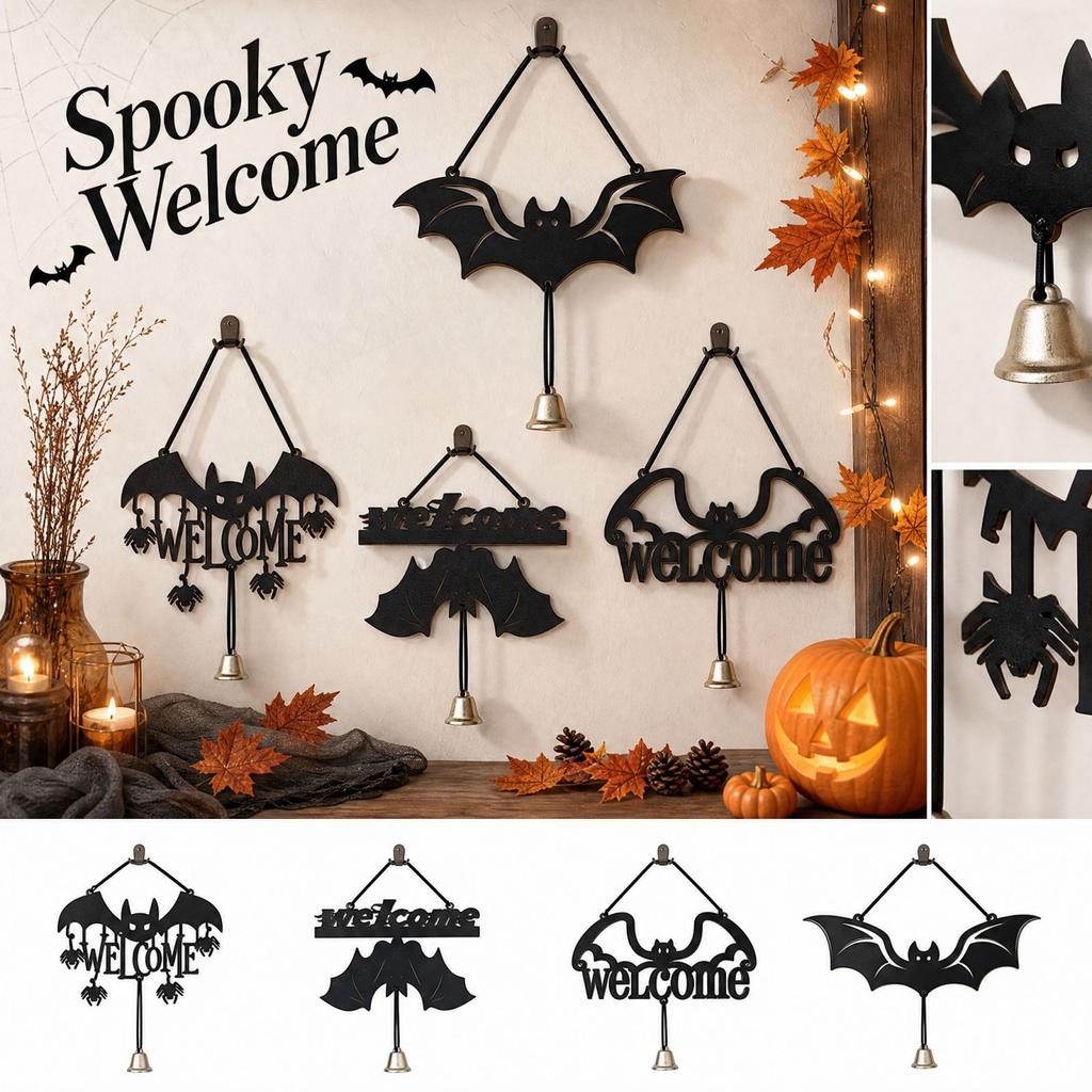 2D Halloween Wooden Door Hanger with and Cutout Design, Welcome Sign with Bell for Home Decor