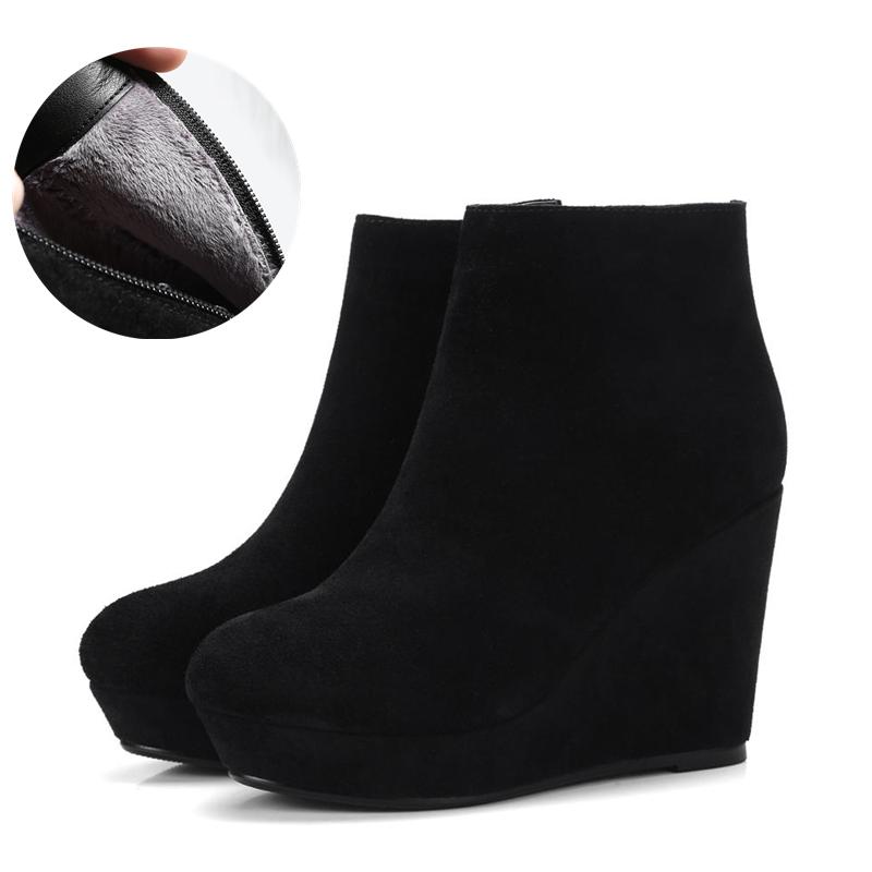 

Suede Leather Wedges Ankle Boots Women 2024 Autumn Winter Shoes Platform Fashion Women s Short Boot Black Heels Fur Shoes Female 39