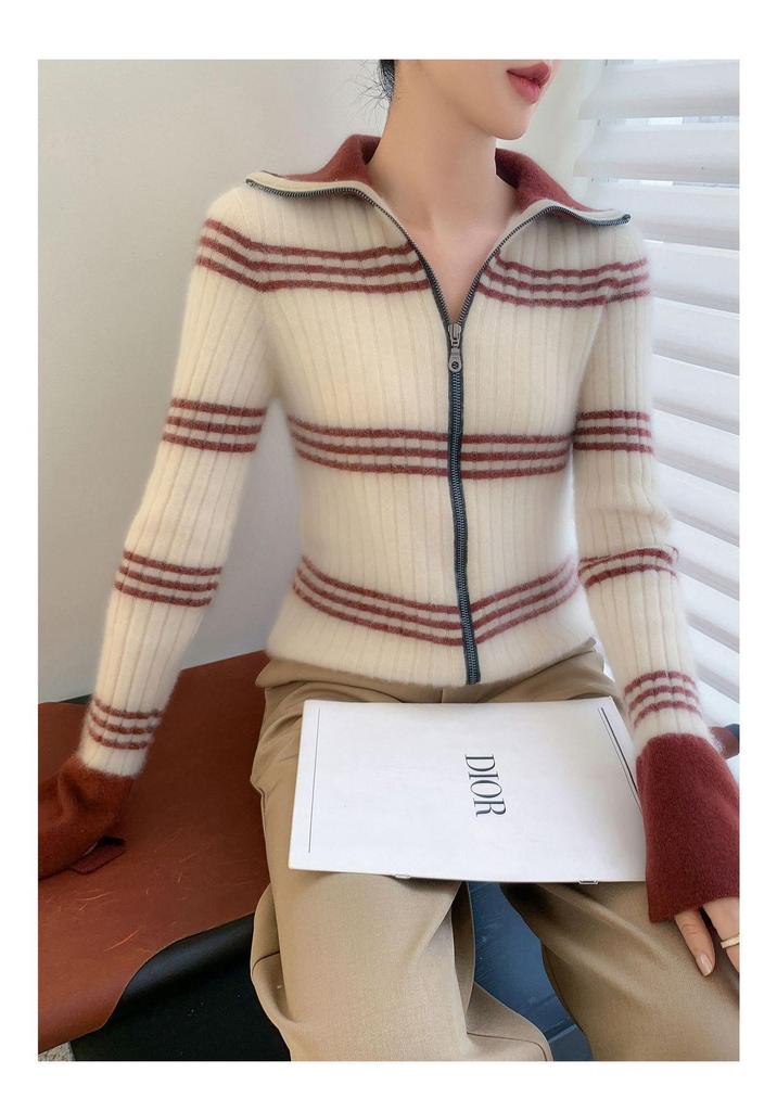 Color Block Slim Fit Cashmere Cardigan - Women's High Collar Zipper Sweater.