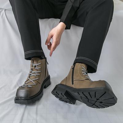 Street Fashion Thick Soled High Rise Leather Boots Men's Quality Square Toe Luxury Boots Outdoor Anti Slip High Top Casual Boots