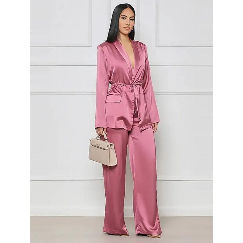

Атласные брюки на завязках, женский костюм с длинным рукавом и карманом, блузка с широкими брюками, комплект, весенний повседневный наряд XXL