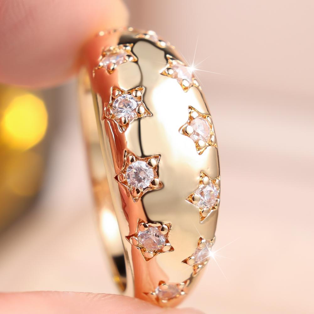 Chic Gold Color Wide Band Ring for Women Star Zircon Daily Dating Fashion Jewelry Gift
