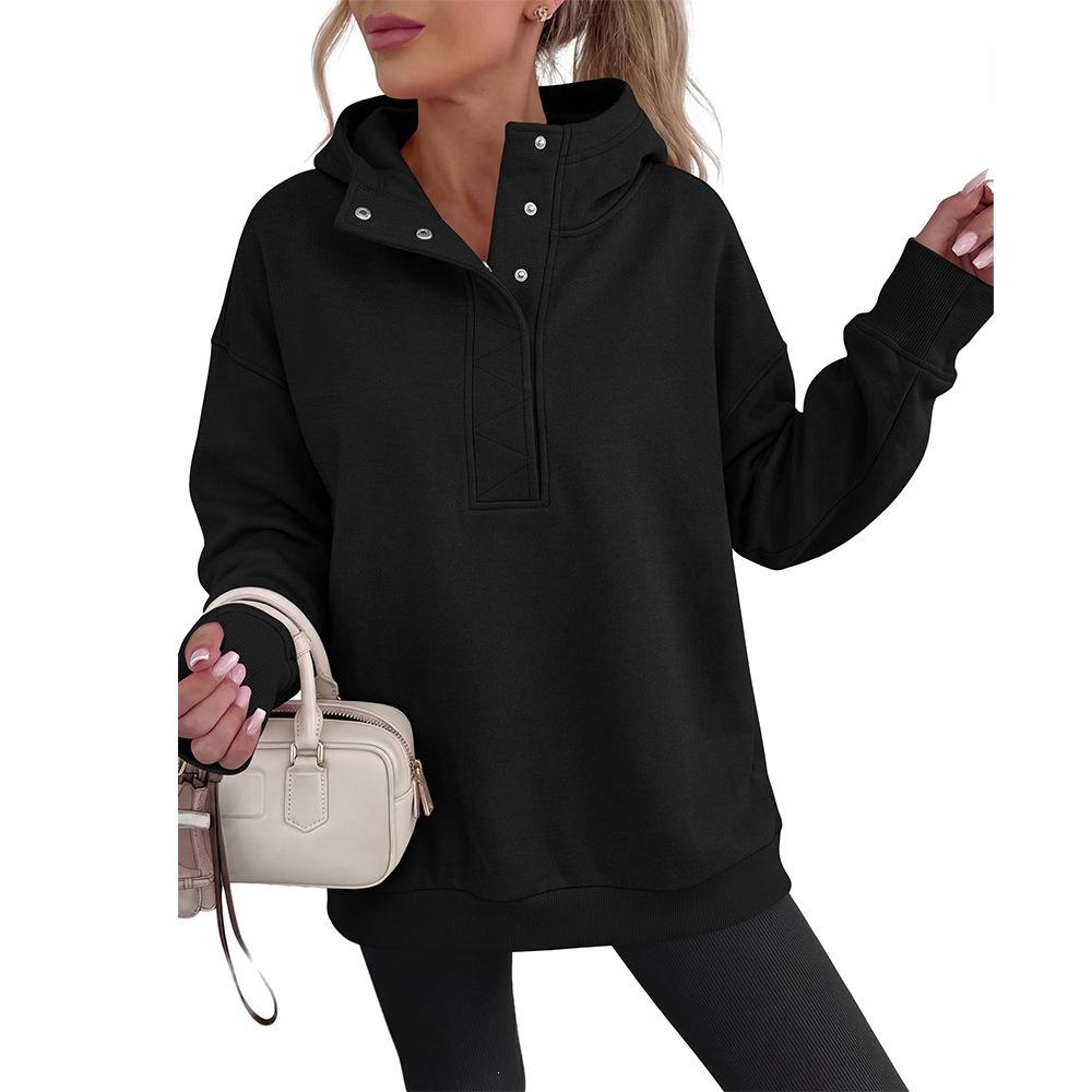 Fall/Winter New Style Women's Half-Closed Neck Buttoned Casual Loose Sweatshirt Long Sleeve Hooded Shirt