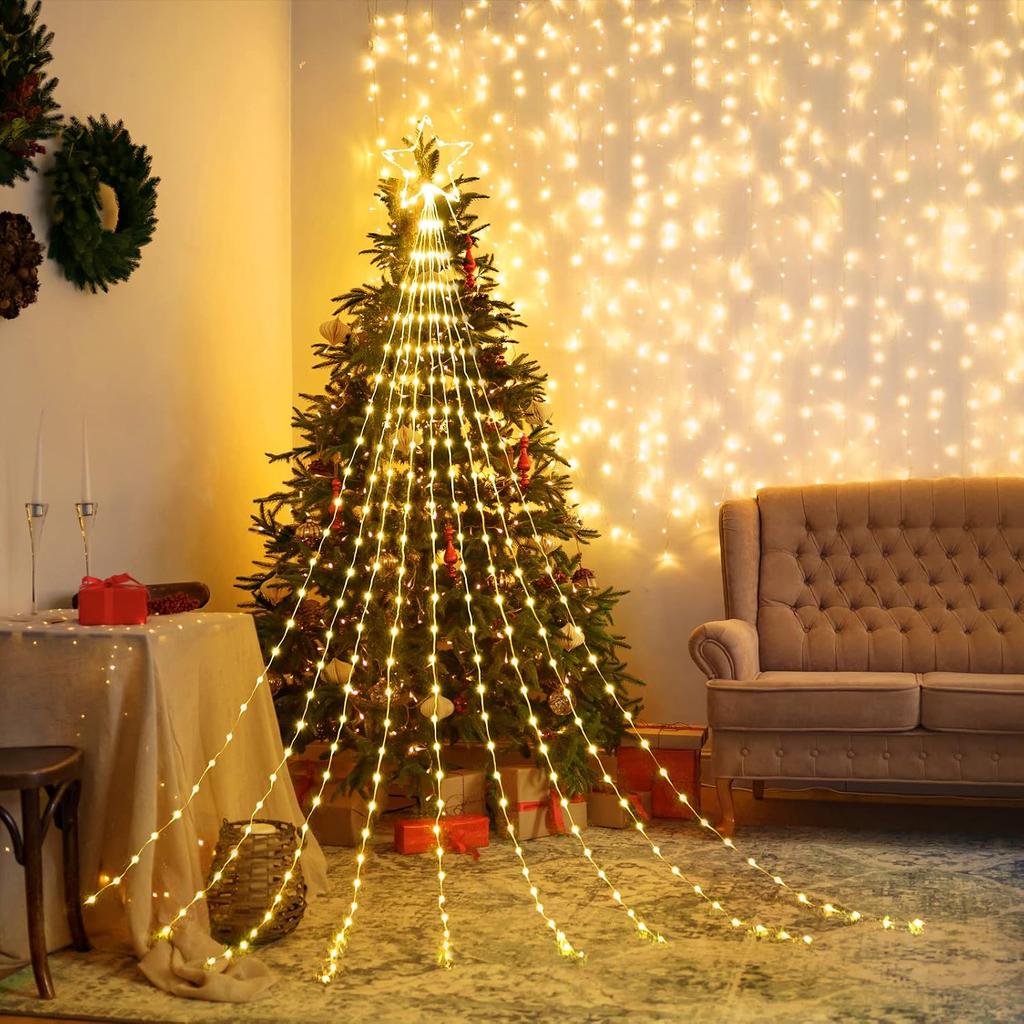 Christmas Decorations Star String Lights - 344 LED 11.8ft 9 Strands Waterfall Tree Lights with Topper Star, 8 Lighting Modes Christmas Lights Indoor