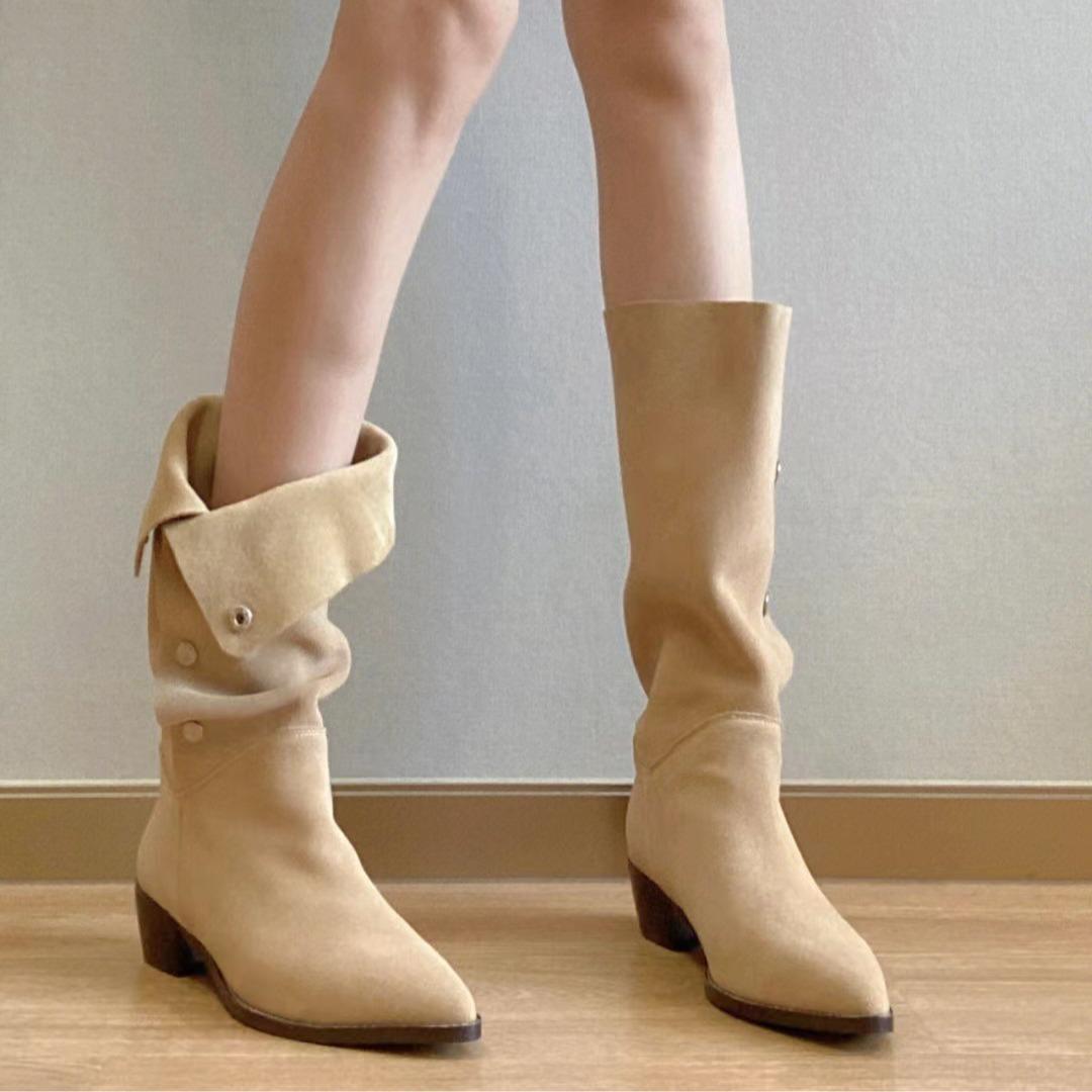 

Retro temperament matte pile boots women s 2024 new one shoe two wear thick heel pleated boots pointed button medium boots 35 чёрный