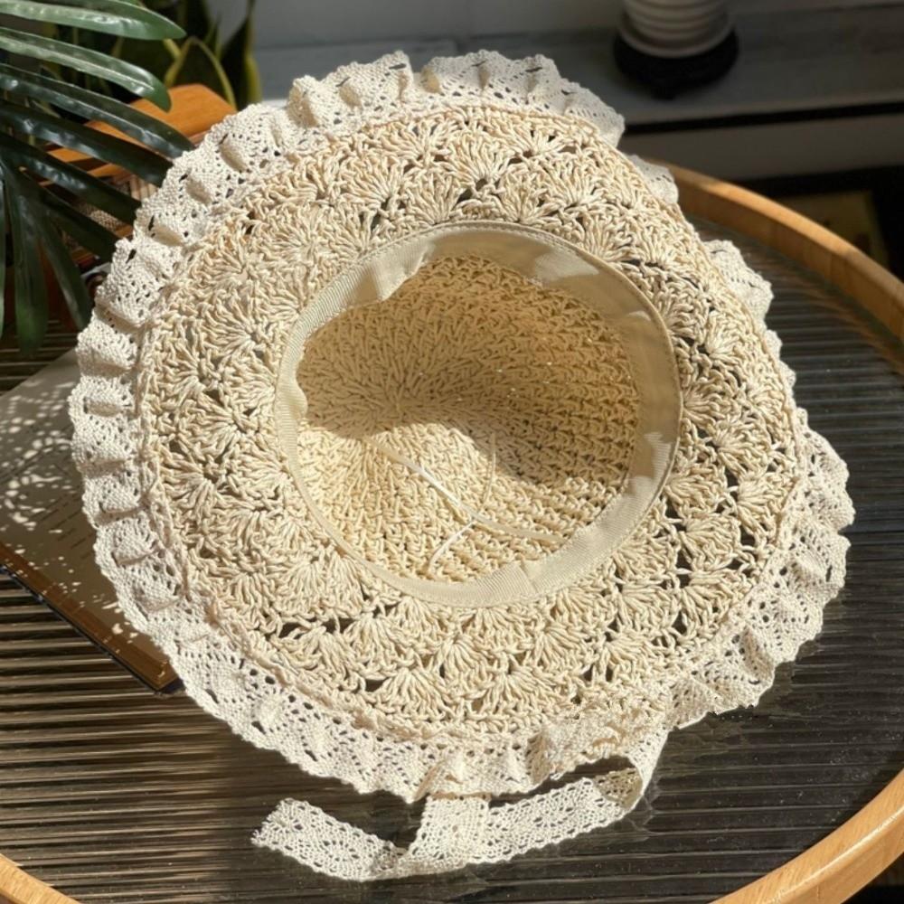 Lace Trim Sun Hat Foldable Beach Cap Elegant Summer Straw Hat  Travel