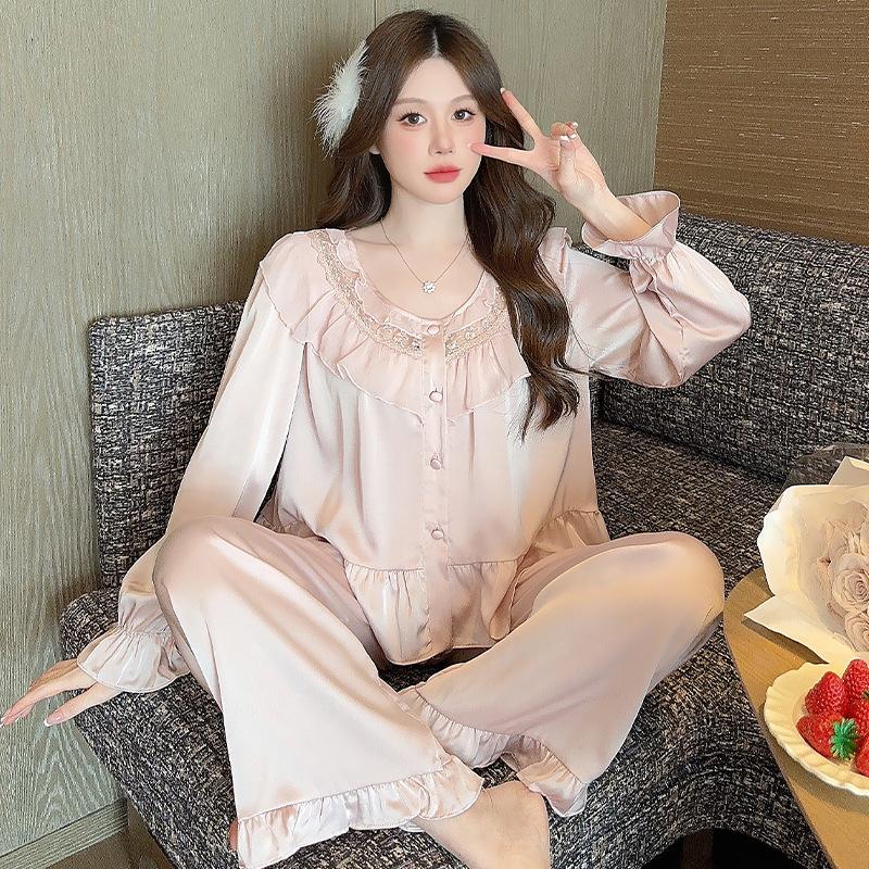 Pure desire wind sweet princess pajamas women's spring and autumn new ice silk French lace long-sleeved loungewear
