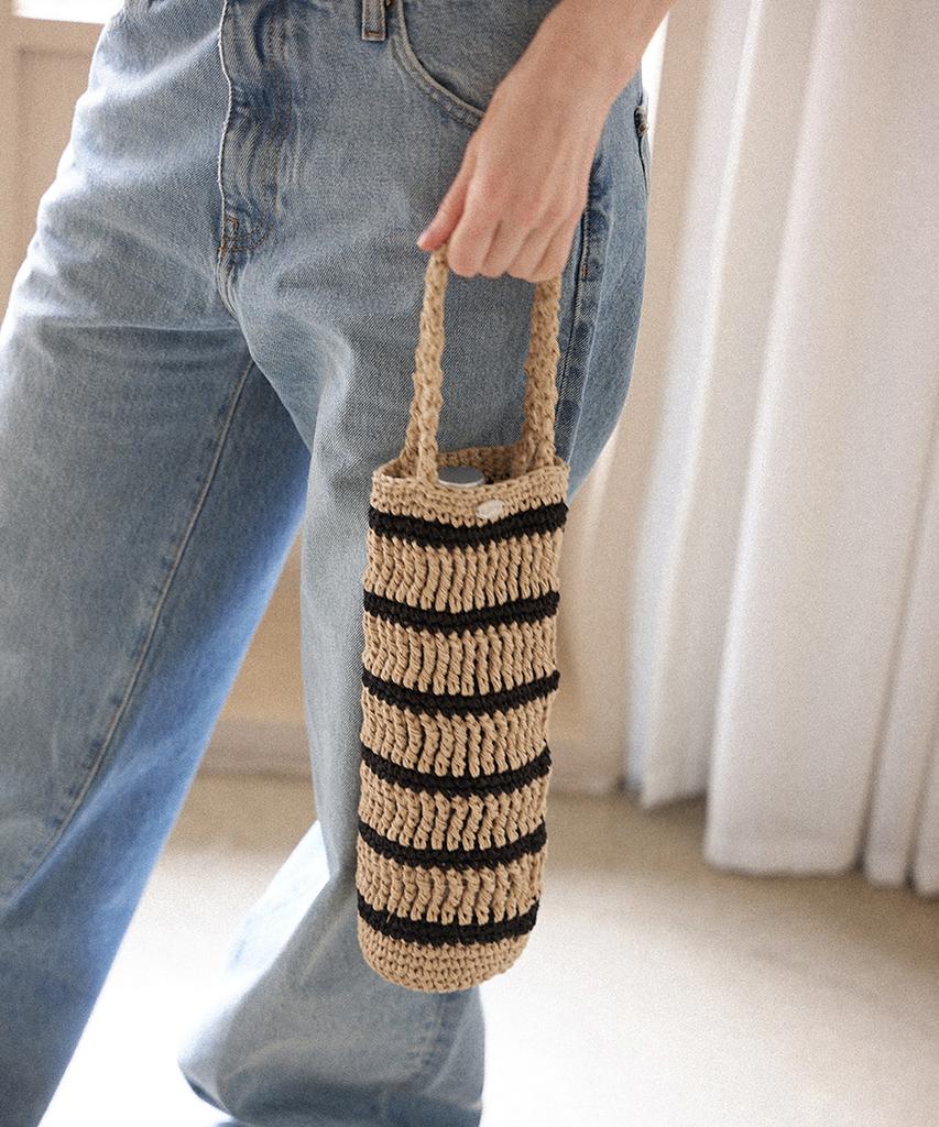 Slowslowly Moroccan Handmade Crochet Stripe Wine Bag _ Beige