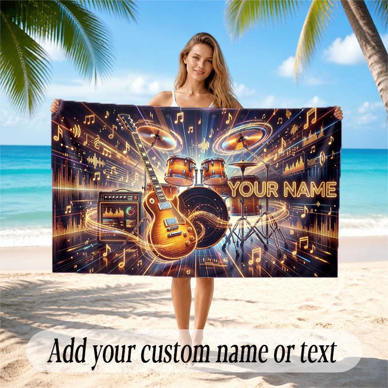Music General Theme Beach Towel Personalized Custom Name & Text Soft Quick Dry Beach Towel for Swimming Travel