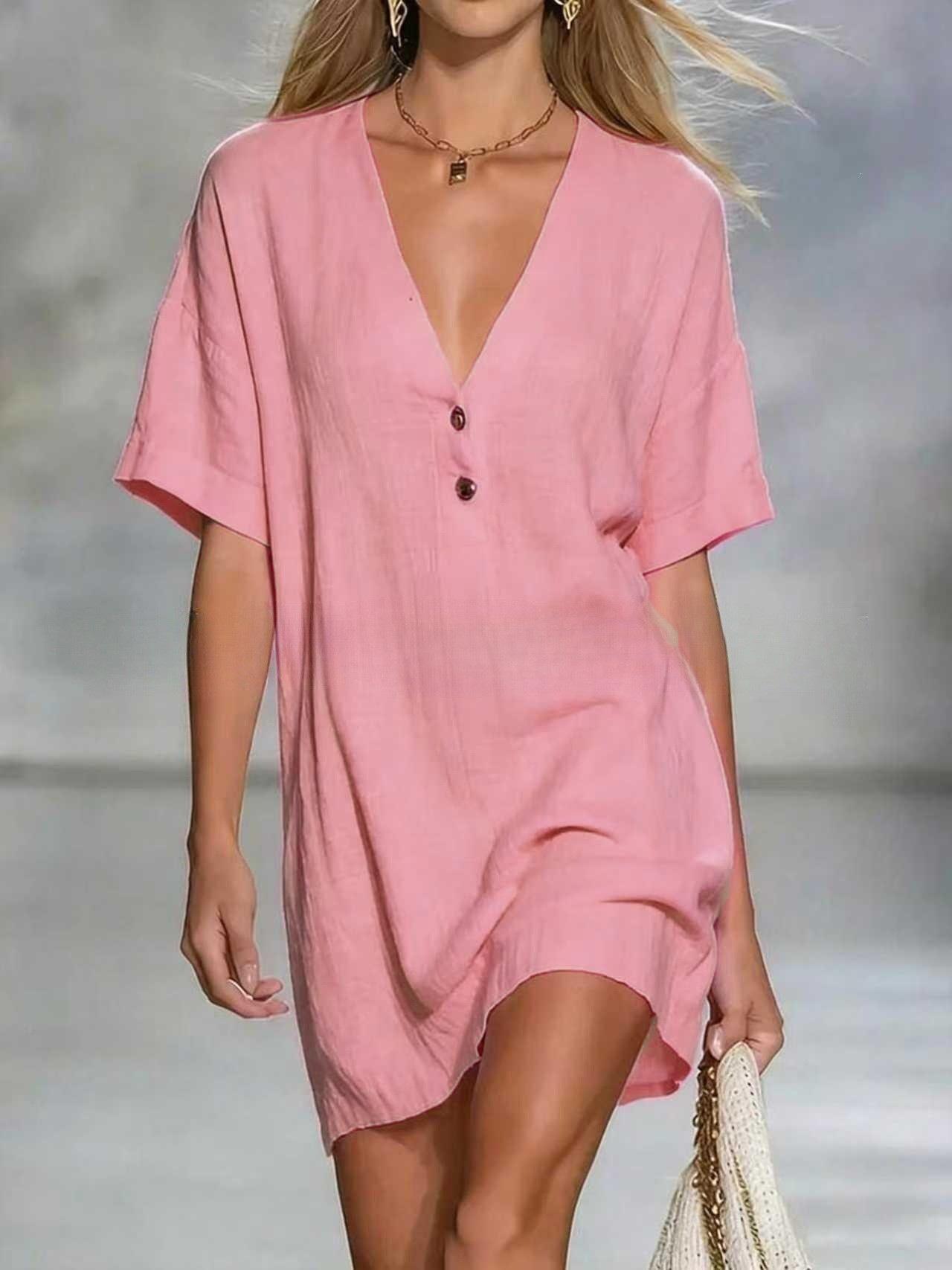 Casual Comfortable Deep V Neck Short Sleeve Button Pocket Midi Dress For Women XL