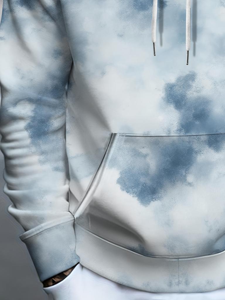 Men's Fashion Long Sleeve Hoodie, Trendy Printed Sports Sweatshirt with Blue and White Watercolor Cloud Pattern. Soft, Comfortable, and Breathable