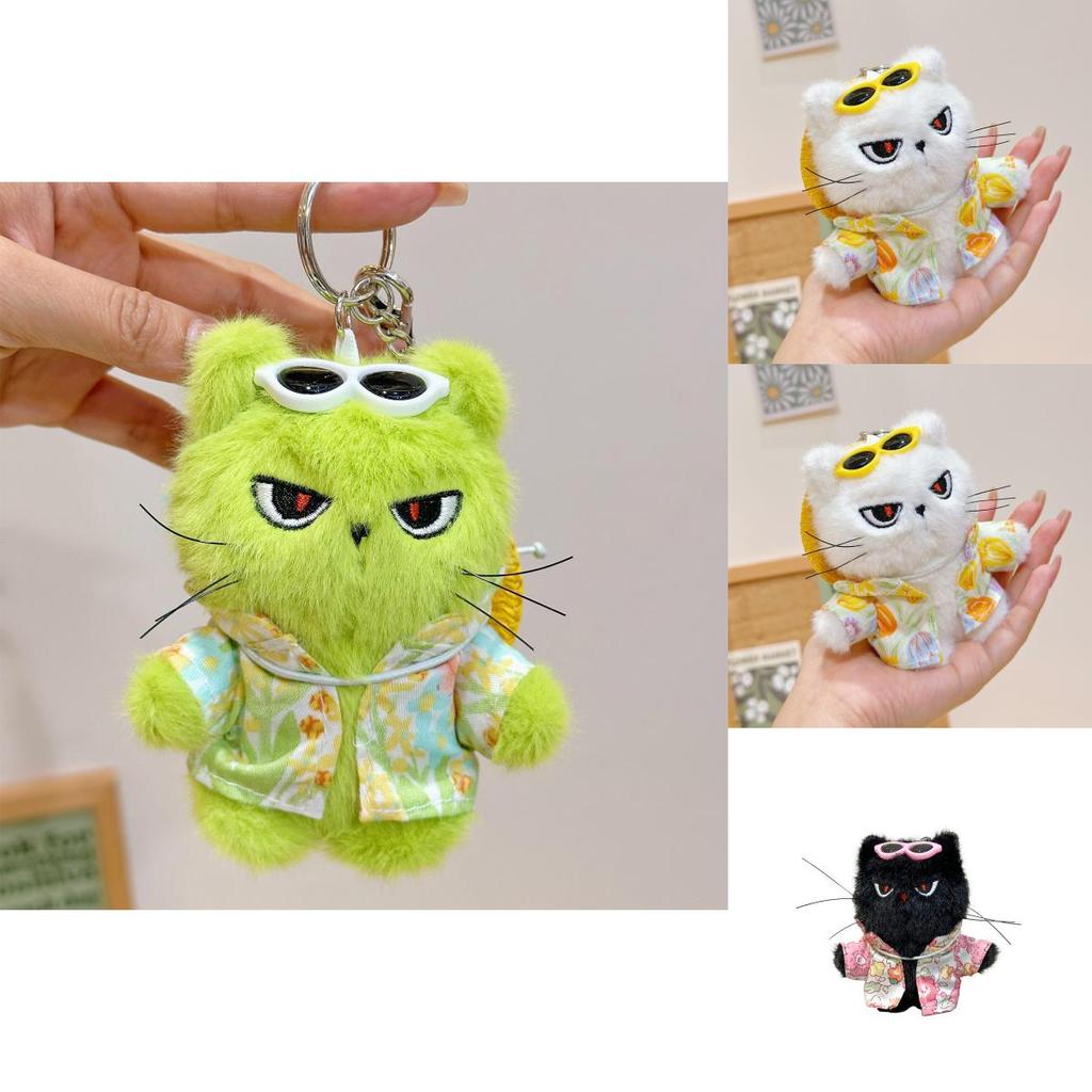 Plush Cat Keychain With Flower Shirt And Sunglasses Design For Cute Gift And Bag Decoration