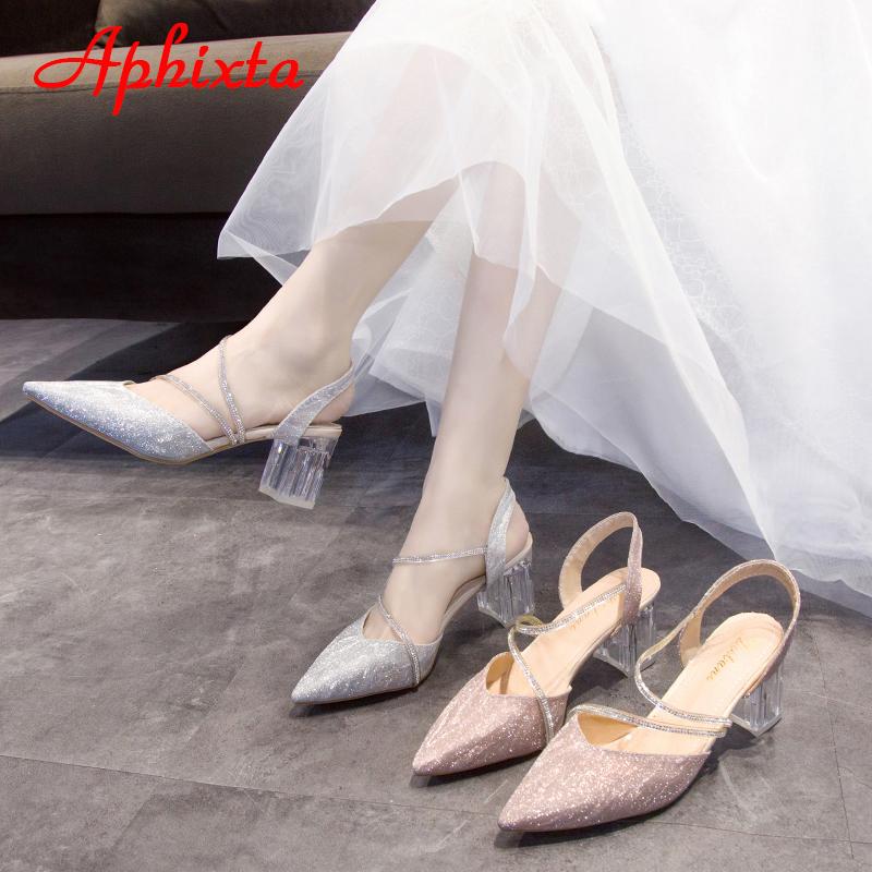 Aphixta 6cm Transparen Square Heels Sandals Women Pointed Toe Crystals Heel Women Outside Sippers Shoes Slides Big Size 42