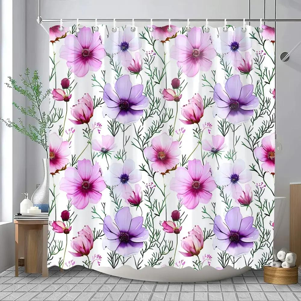 Květinová sprchová závěs Květinová látka Sprchové závěsy pro rustikální vintage koupelnový dekor Koupelnové závěsy Akvarelový šik Cosmos