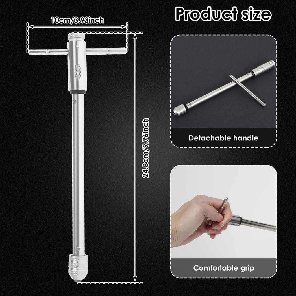 Silver T-Handle Ratchet Tap Holder Wrench Adjustable Manual Tapping Tool with Machine Screw Thread Metric Plug T-shaped Tap