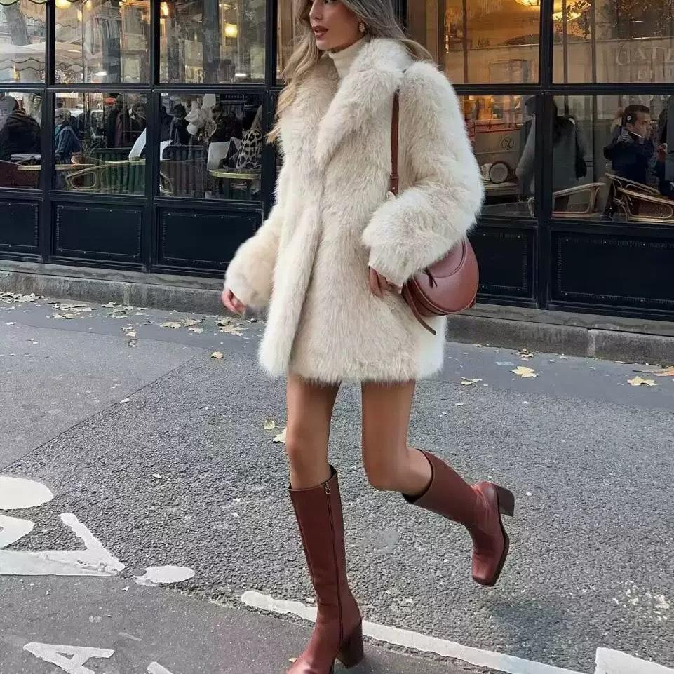 European & American Style Women's Faux Fur Lapel Coat - Autumn/Winter Fashion