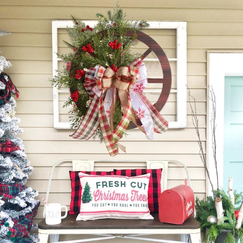 Christmas Wooden Wagon Wheel Wreath Simulation Winter Themed Party Bar Door