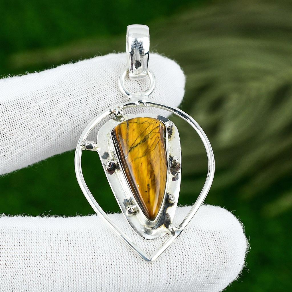 Natural Tiger Eye Gemstone Indian Jewelry 925 Sterling Silver Pendant For Girls