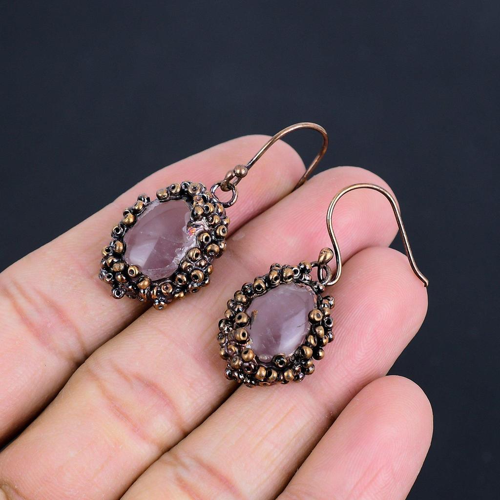 Rose Quartz Copper Electroformed Earrings, Handmade Gemstone Earrings Jewelry, Gifts For Wife Brand New Earrings