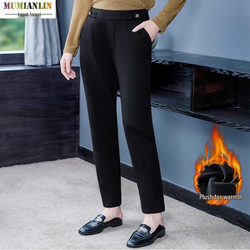 

Большого размера флисовые брюки-костюм с завышенной талией, повседневные, облегающие, для осени и зимы - Универсальная женская одежда для мам среднего возраста 5XL (200-220 Jin)