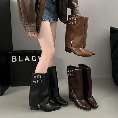 Schuhe für Damen 2025 Hochwertige Stiefel für Damen Herbst Spitzschuh Uni Hoher Schaft Klobige Absätze Übergröße Stiefel