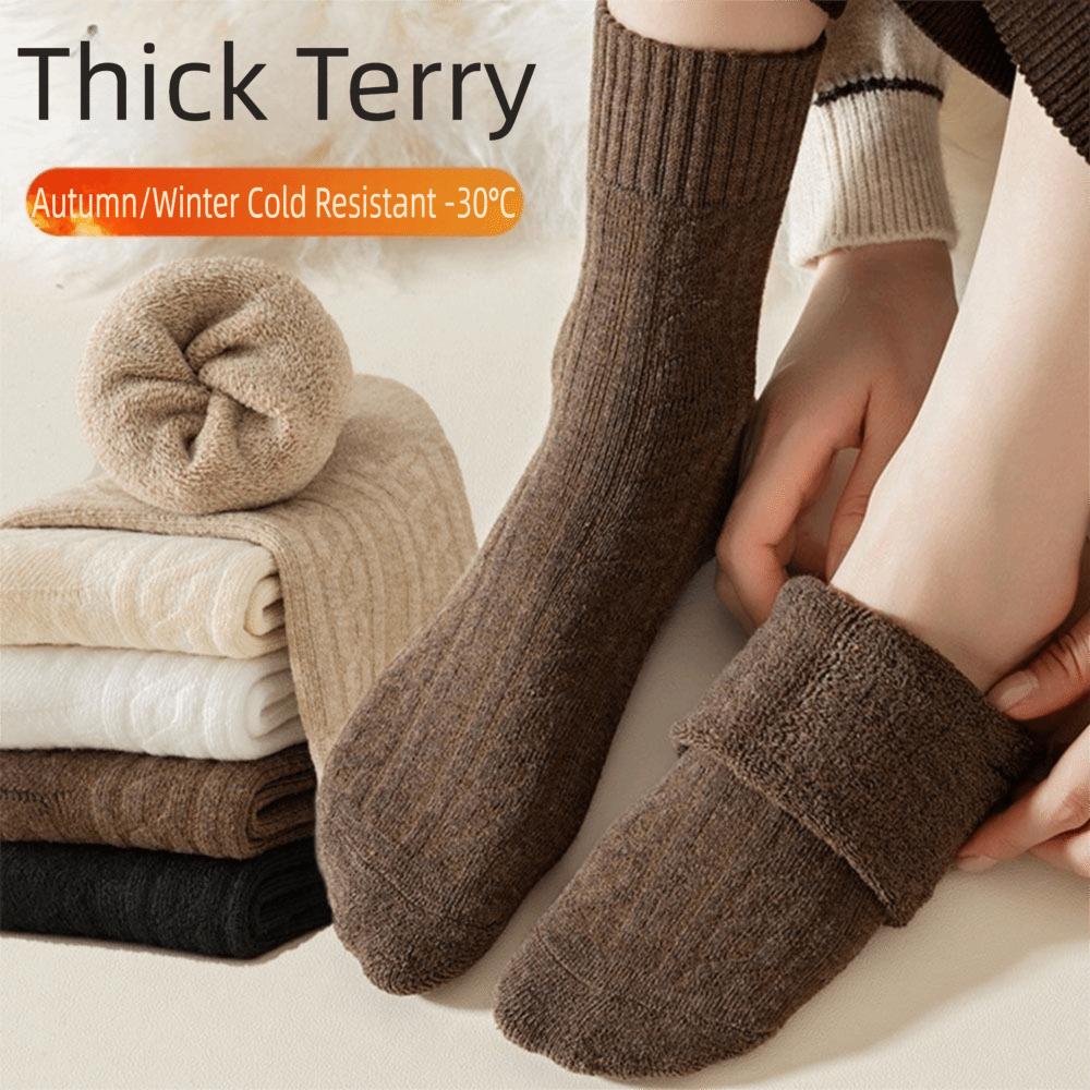 1/5 Pairs Warm Winter Thickened Wool Socks Fleece Solid Color Women's Floor Socks Seamless Anti-Cold Polycotton Snow Socks