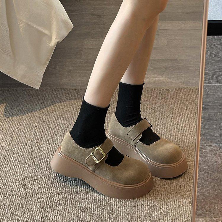 [Yushilai] Retro thick-soled shallow-mouth single shoes for women's spring 2025 new one-word buckle Mary Jane shoes