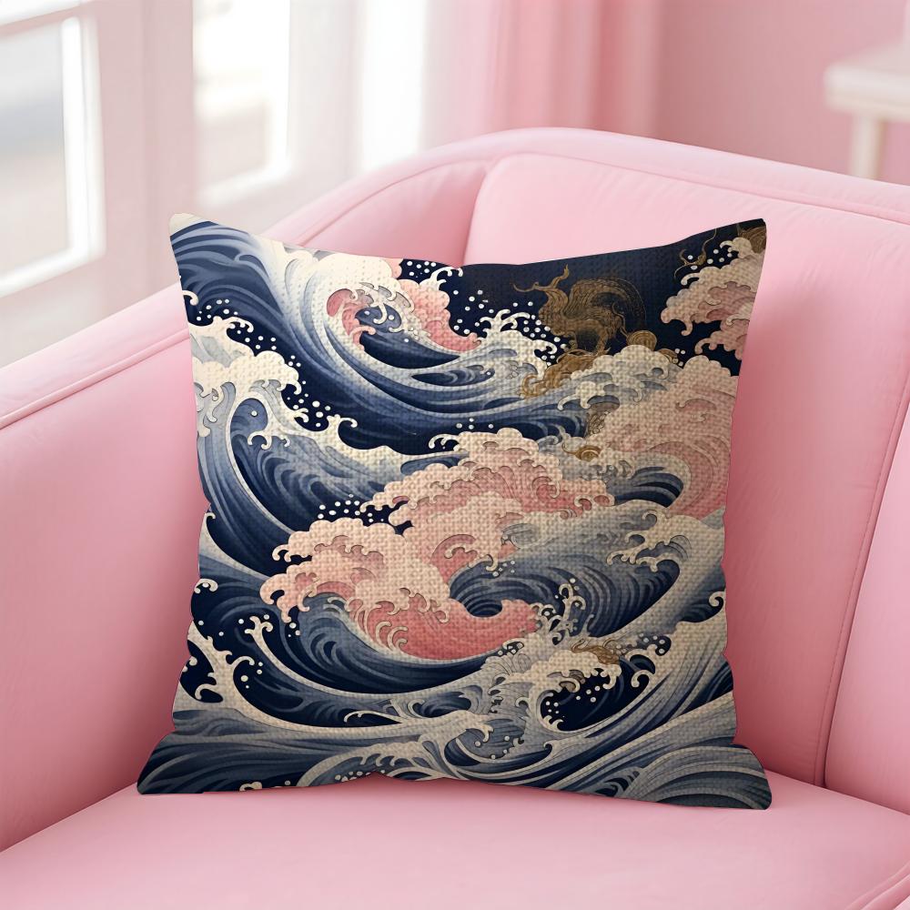 Waves Japanese Style Cushion Cover Natural Linen Pillow Case DoubleSided Print Decorative Sofa Pillowcase Home Decor Gift