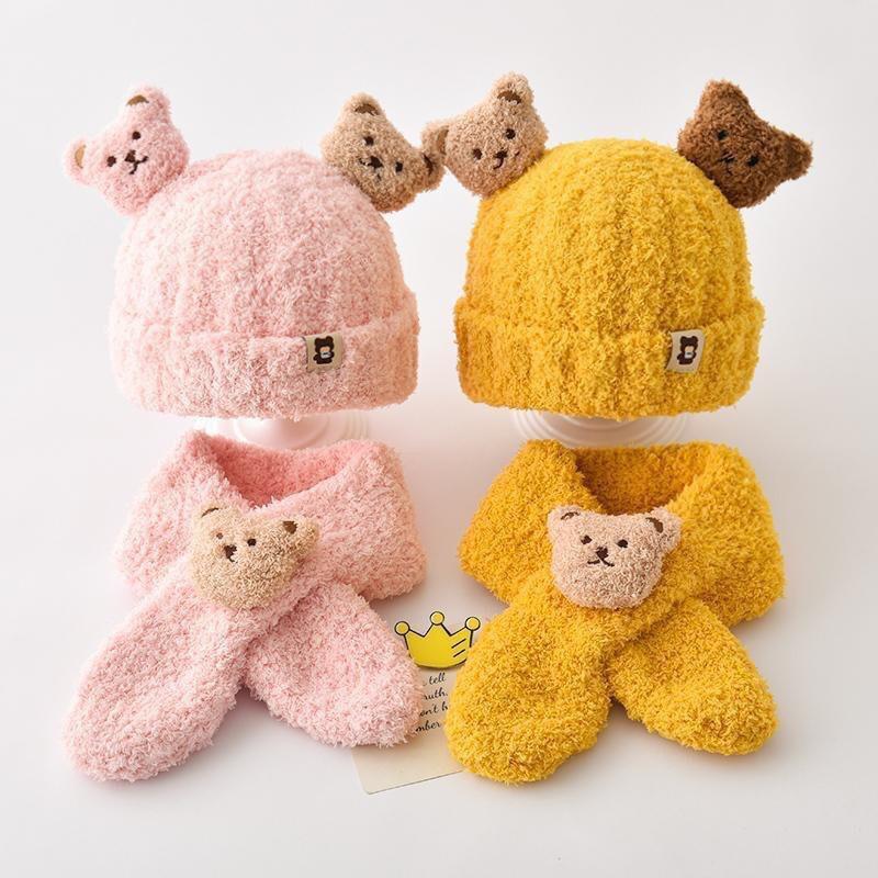 Autumn and Winter Children's Plush Bear Hat Scarf Two-piece Set Plus Velvet Warm Bib Cute Plush Hat Baby
