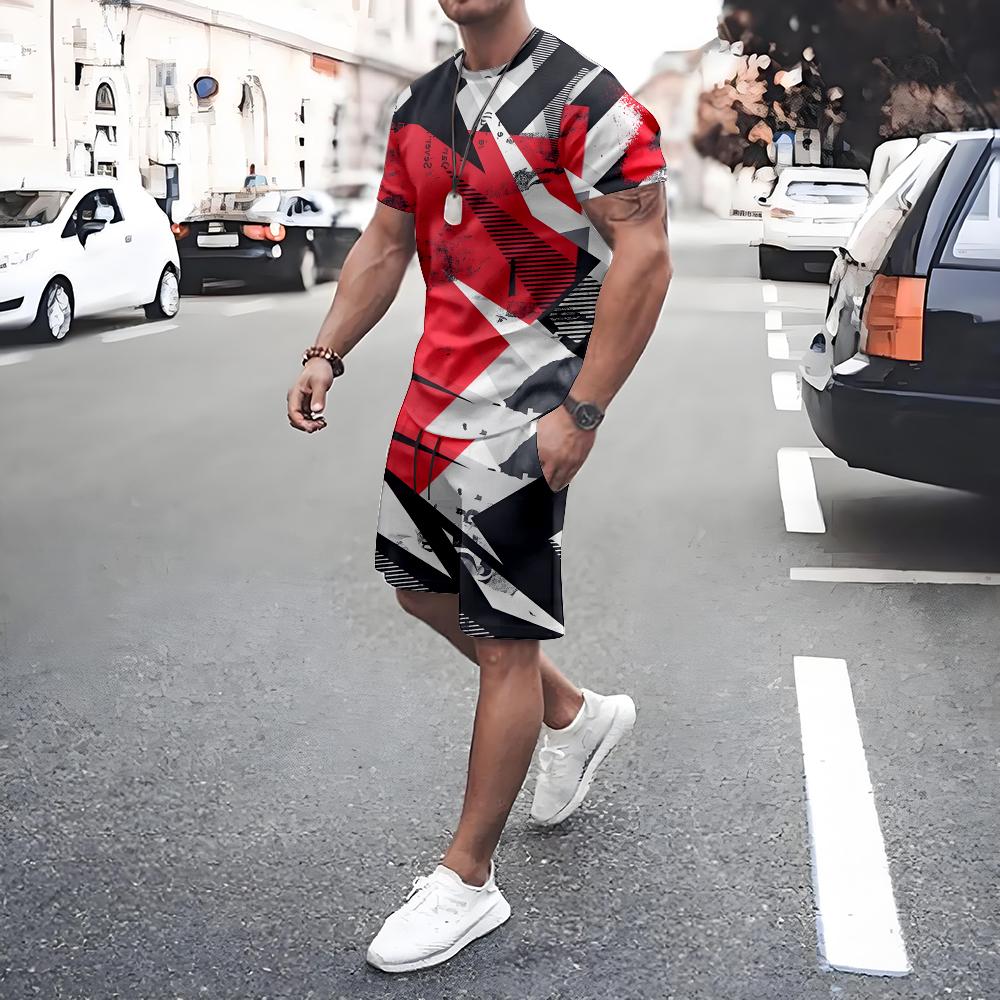Irregular Geometric Print Short Sleeve And Shorts Set Fashion Men's T-shirt Shorts 2-piece Set Quick-dry Breathable Mesh T Shirt