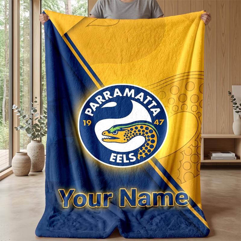 Parramatta Eels Custom Flannel Throw Blanket Print Your Name Text Soft Warm Blanket Holiday Present