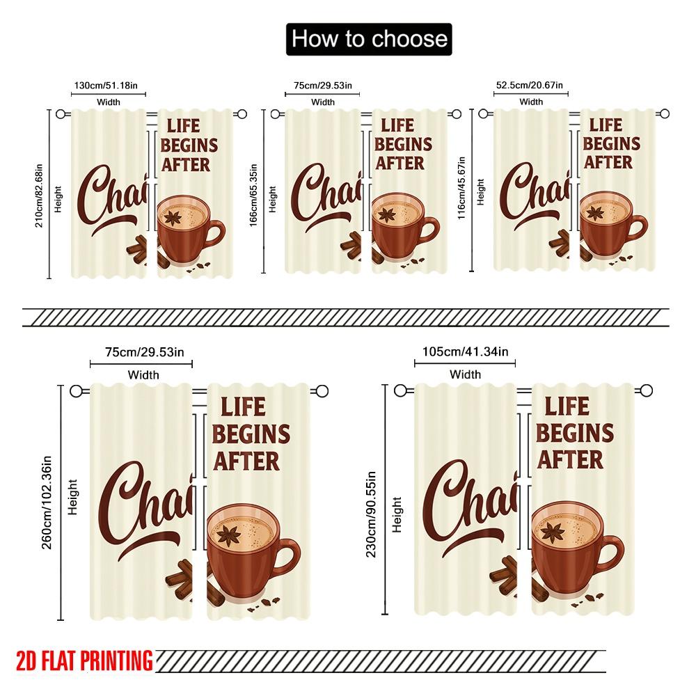 2pcs 2D Flat Printing Curtains Life Begins After Chai 100% Polyester Fabric Without Electricity Festive Holiday Use for Outdoor