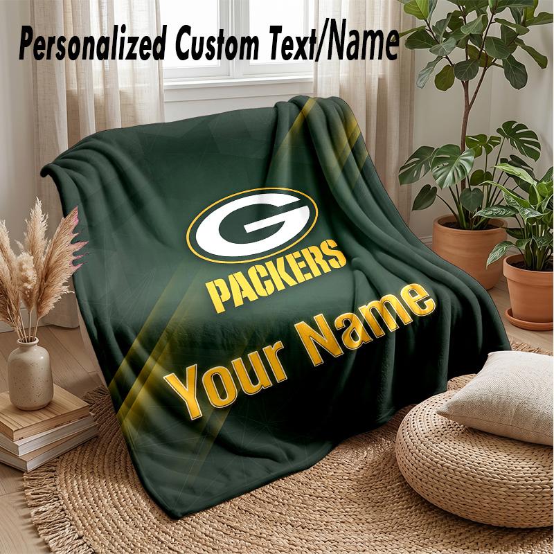 Green Bay Packers Custom Flannel Throw Blanket Print Your Name Text Soft Warm Blanket Holiday Present