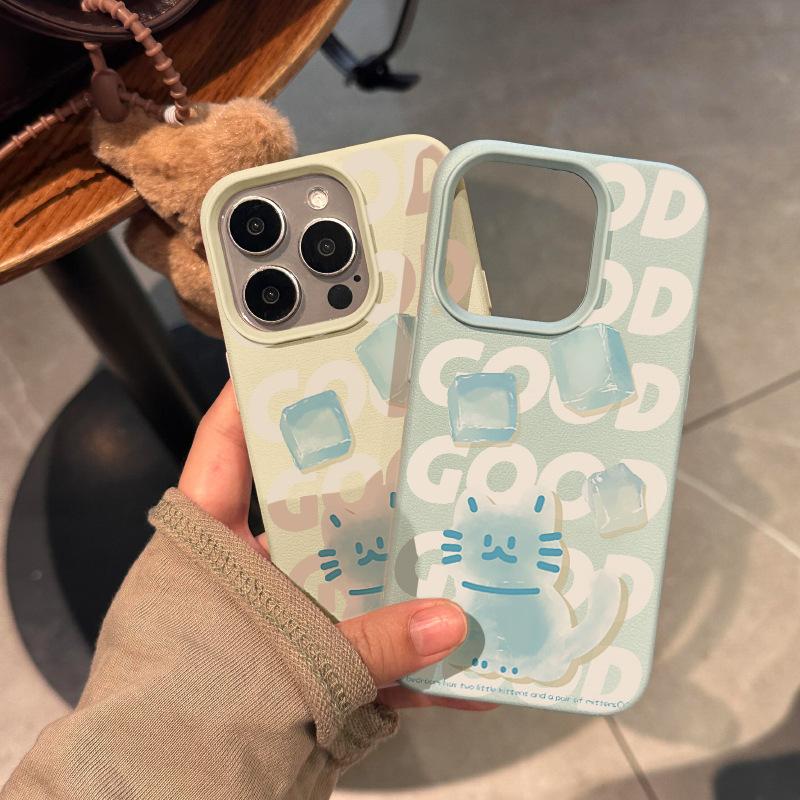 Ice Cube Cat for Apple 15 Promax Mobile Phone Case with Lychee Pattern for IPhone 14 New Model 13 Anti-fall 12 Advanced