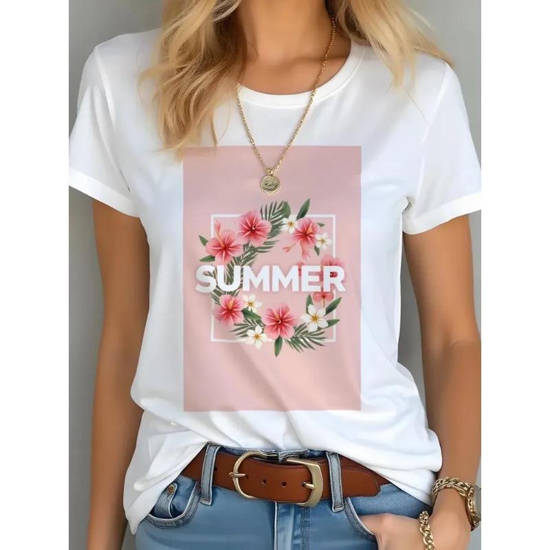 Summer Round Neck Flower Printed Top Fashionable Casual Short Sleeved Women's T-shirt