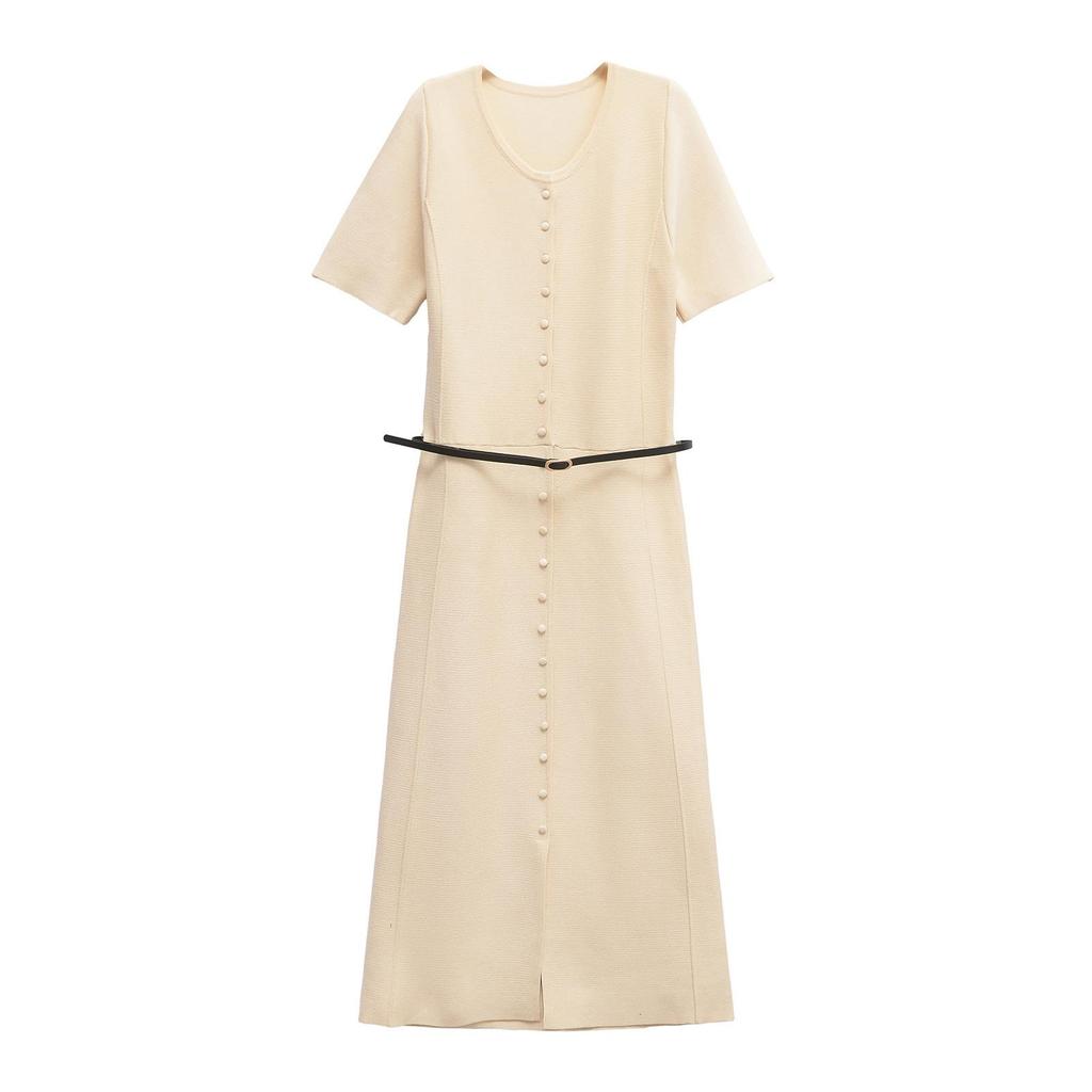 Spring 2025 Women's European & American Style Midi Dress with Belt Decoration