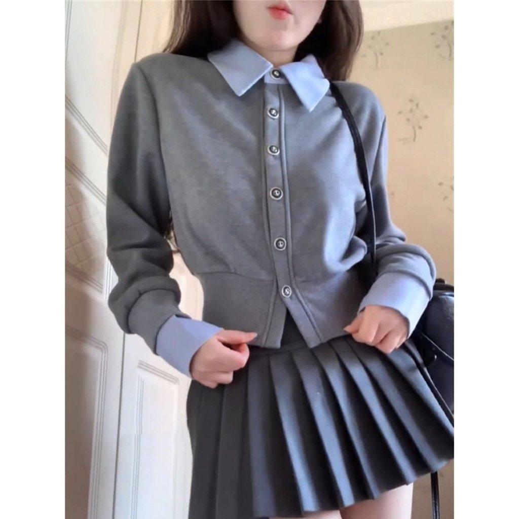 French Sweet Style Girl Long Sleeve Top And Short Skirt Set For Fall Fashion