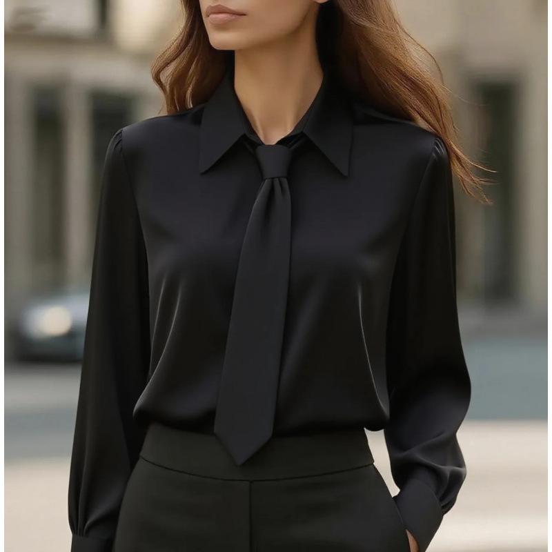 Spot 2025 New Autumn Solid Color Casual Tie Long-sleeved French Shirt Women's Shirt