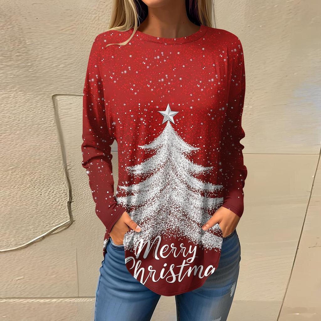 Tee Shirts For Women Fall Casual Long Sleeve Shirts Sweatshirt Vintage Graphic Christmas Printing Top Pullover