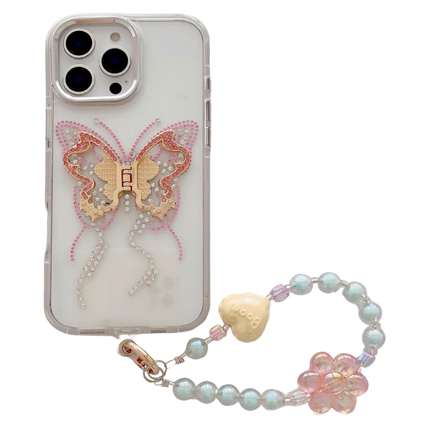 

For iPhone 16 Pro Case with Strap Butterfly Kickstand TPU+PC Shockproof Phone Cover White