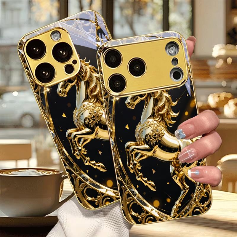 Unicorn Ornate Gold Electroplated Golden Phone Case For iPhone 14 17 16 15 13 12 11 Pro Max Plus 16E 17Air XR 7 8 Xs Glass Cover