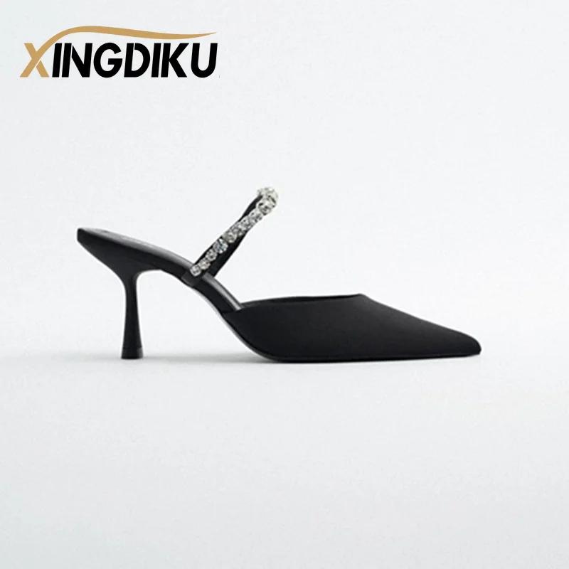 Fashion High Heel Sandals Summer 2025 New Pointed Toe Stiletto Black Sexy Ladies Sandals Rhinestone Sequins Big Size Slippers shoe woman