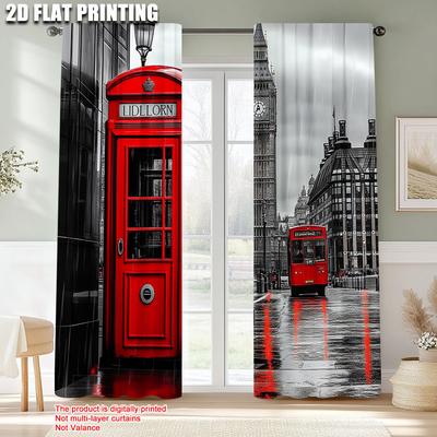 2pcs   Curtain Popular  Print London Telephone Booth Polyester (without Rod) Room Decor Perfect for Study   Living Room   Kitchen