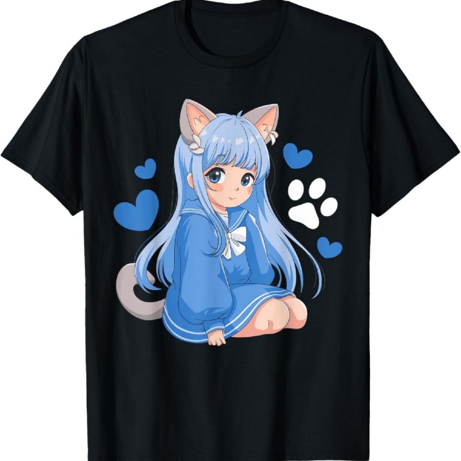 

Унисекс-детская футболка с аниме-девушкой-кошкой, черная, маленькая, классический крой, короткий рукав, из смесового хлопка XXXXXL чёрный
