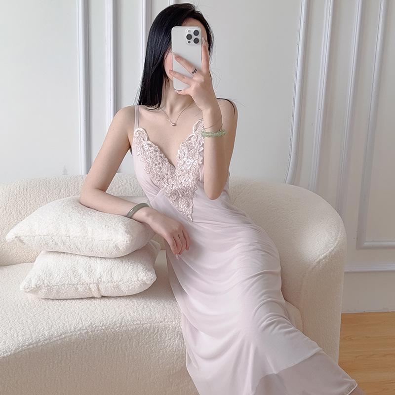 Women's Summer Lace Camisole Pajama Dress with Chest Pads - French Fairy Style