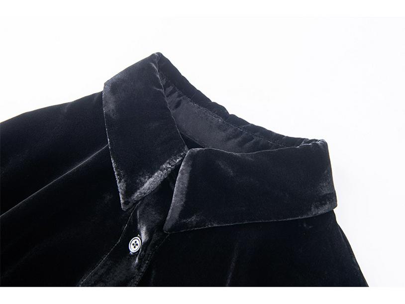 Women's Retro Black Silk Velvet Shirt - Mid-length, Loose-Fit, Perfect for Spring Commutes.