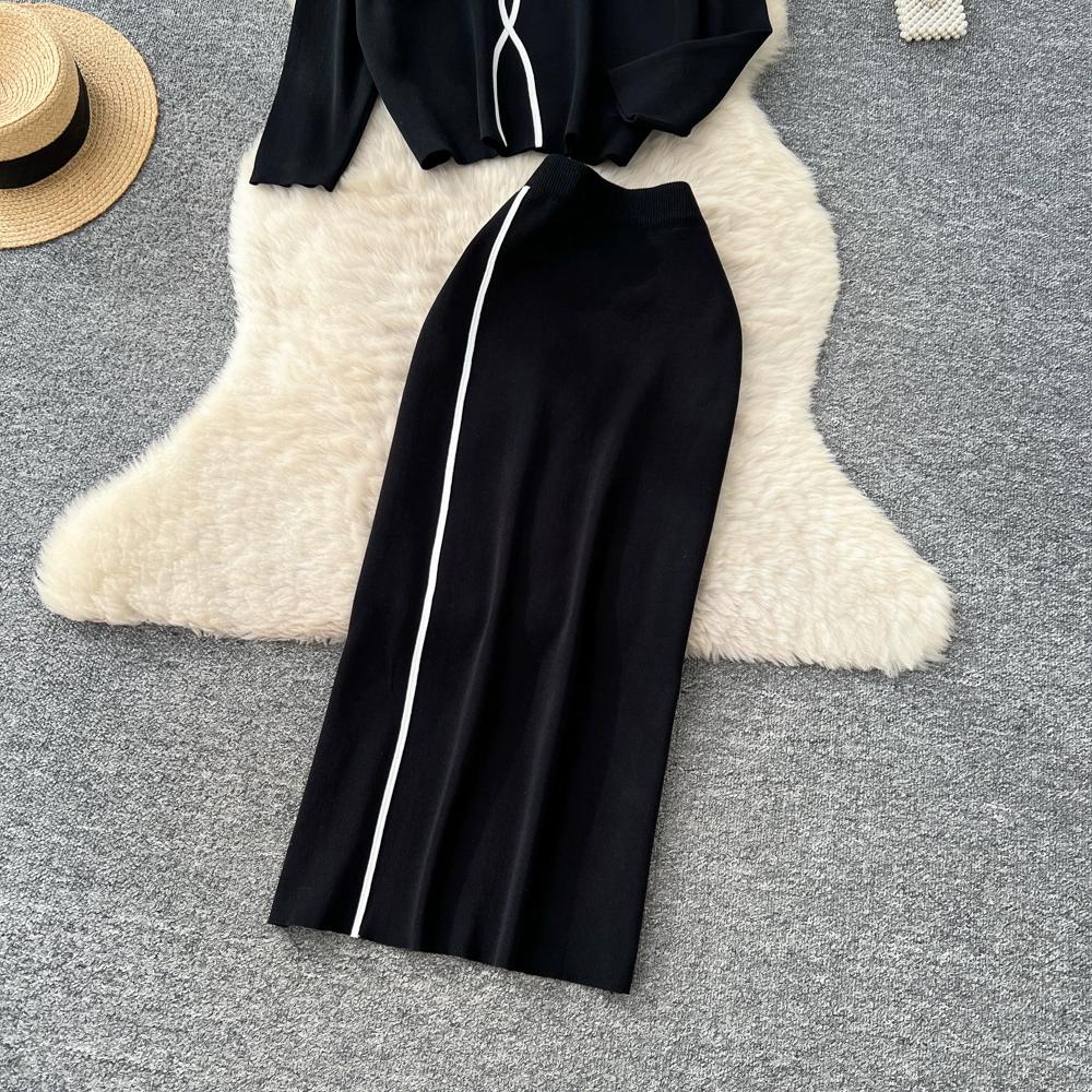 Autumn Winter Women Flower Knitted Sweater Two Piece Set Full Sleeve Pullover Top and Long Midi Slim Bodycon Sheath Skirt Outfits