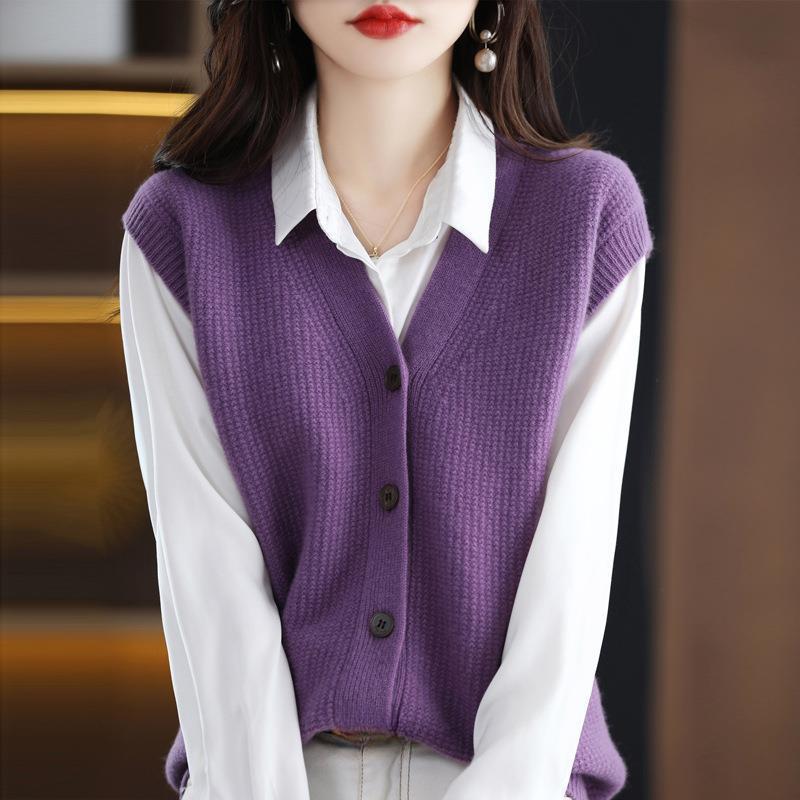Vestă de pulover cu decolteu în V cu nasturi în față, vestă ocazională tricotată fără mâneci pentru primăvară și toamnă, îmbrăcăminte pentru femei